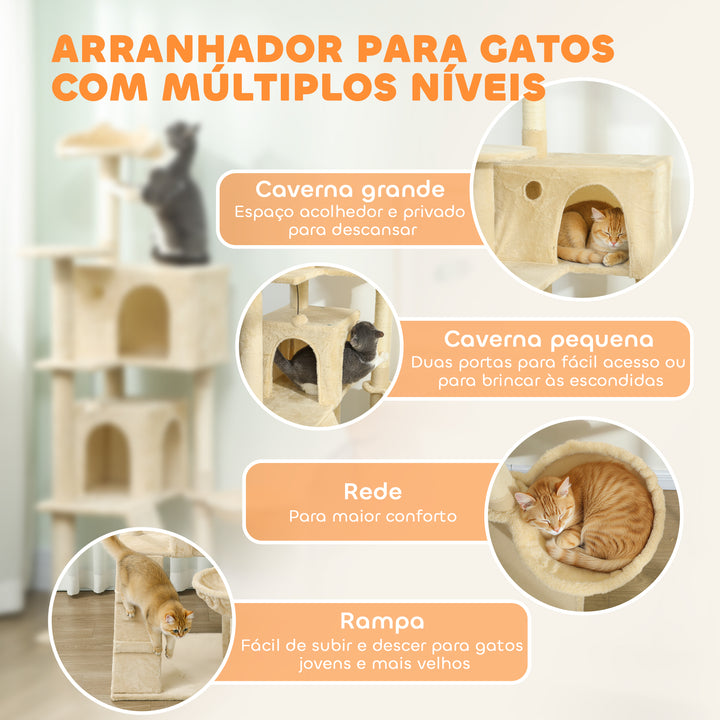 Arranhador para Gatos 160 cm Torre de Escalada com Múltiplas Plataformas Cama 2 Cavernas Rede Escada Postes de Sisal Bolas para Brincar Bege