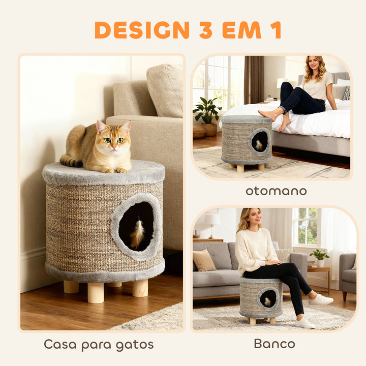 Casa para Gatos 3 em 1 Banco Apoio para os Pés e Cama com Arranhador Pés de Madeira e Brinquedo Pendurado para Interior 36x36x38 cm Cinzento