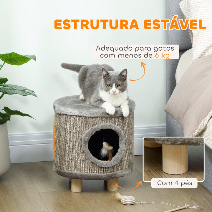 Casa para Gatos 3 em 1 Banco Apoio para os Pés e Cama com Arranhador Pés de Madeira e Brinquedo Pendurado para Interior 36x36x38 cm Cinzento
