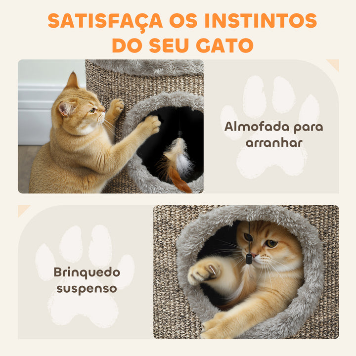 Casa para Gatos 3 em 1 Banco Apoio para os Pés e Cama com Arranhador Pés de Madeira e Brinquedo Pendurado para Interior 36x36x38 cm Cinzento