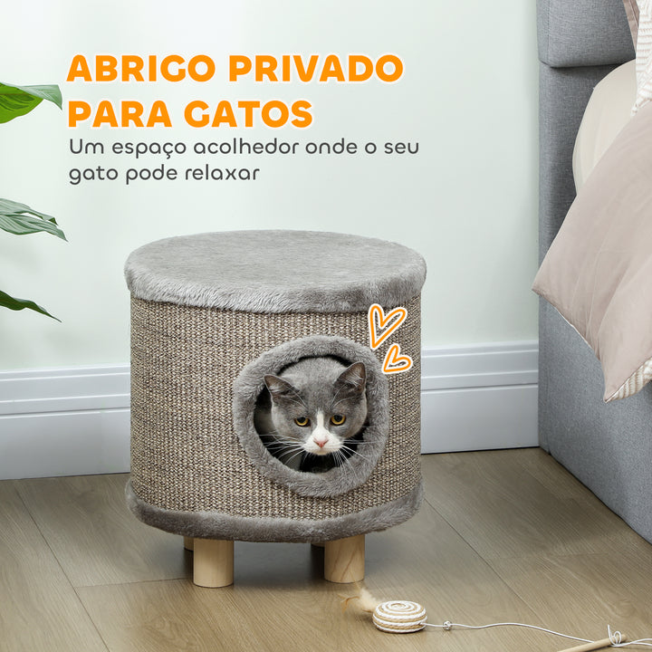 Casa para Gatos 3 em 1 Banco Apoio para os Pés e Cama com Arranhador Pés de Madeira e Brinquedo Pendurado para Interior 36x36x38 cm Cinzento