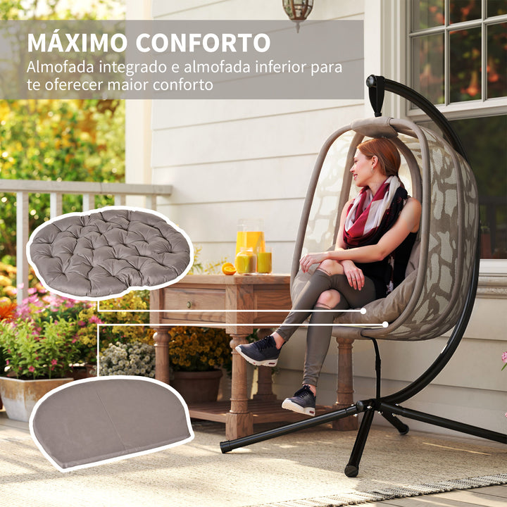 Poltrona Suspensa com Suporte de Aço Poltrona Suspensa com Cesto Dobrável e Almofadas para Interior e Exterior 126x96x172cm Cor Areia