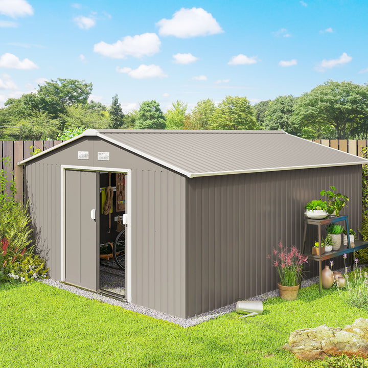 Abrigo de Jardim 340x386x200 cm 13,1 m² Abrigo de Exterior de Aço para Armazenamento de Ferramentas com Portas de Correr e Ventilações Cinza Claro