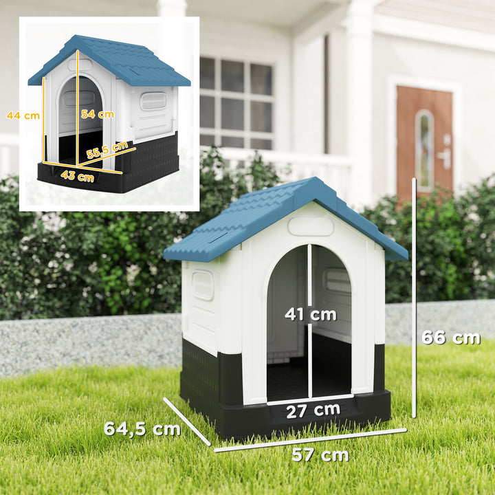 Casota para Cães Mini de Exterior Casa de Plástico com 3 Janelas Base Elevada Telhado Imitando Telhas 64,5x57x66 cm Azul
