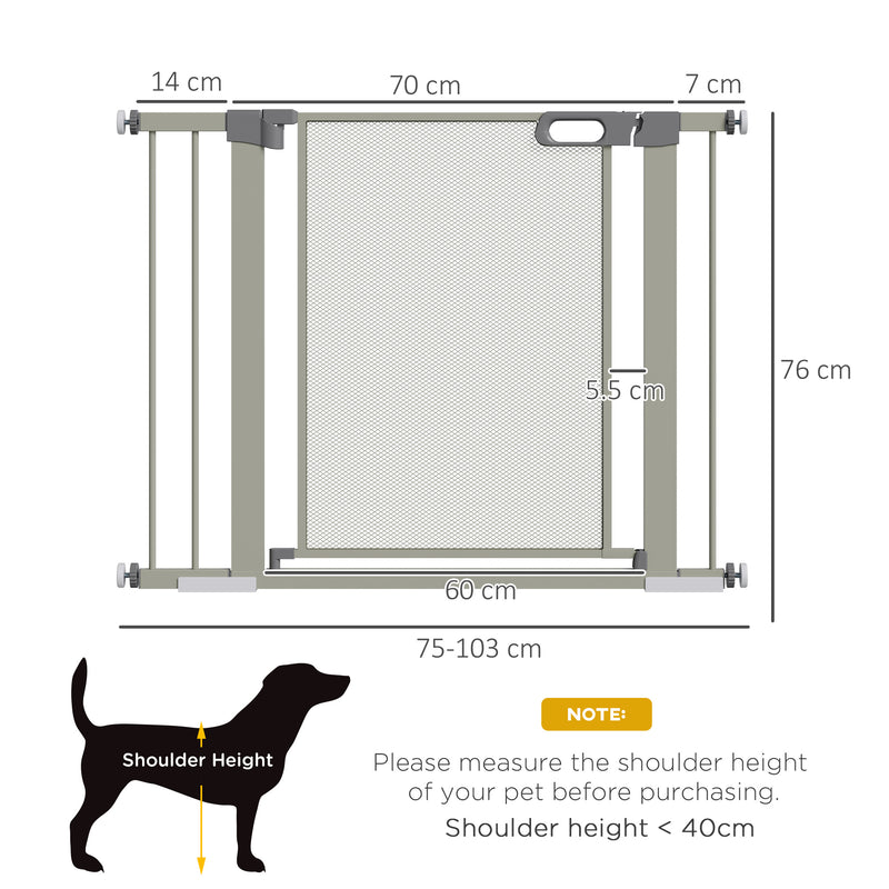 Barreira de Segurança para Cães Extensível 75-103 cm Barreira para Escada e Portas com 2 Extensões Duplo Bloqueio Fechamento Automático Cinza