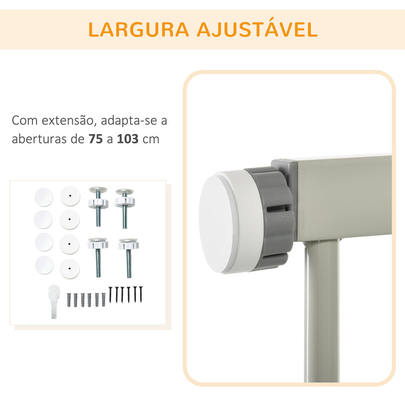 Barreira de Segurança para Cães Extensível 75-103 cm Barreira para Escada e Portas com 2 Extensões Duplo Bloqueio Fechamento Automático Cinza