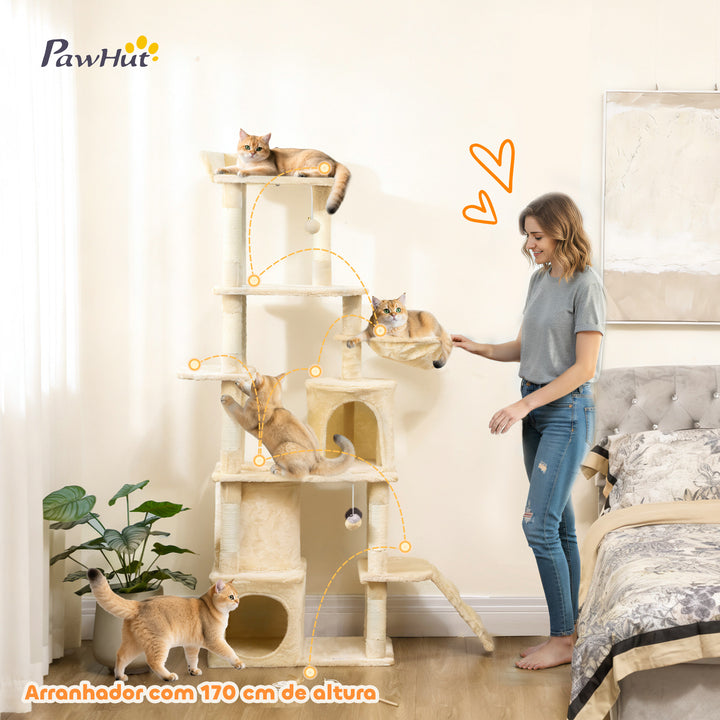 Arranhador para Gatos Grande Altura 170 cm Torre de Escalada com 7 Postes 1 Túnel 3 Plataformas 2 Cavernas 1 Rede 1 Poleiro 1 Rampa Pompons Bege