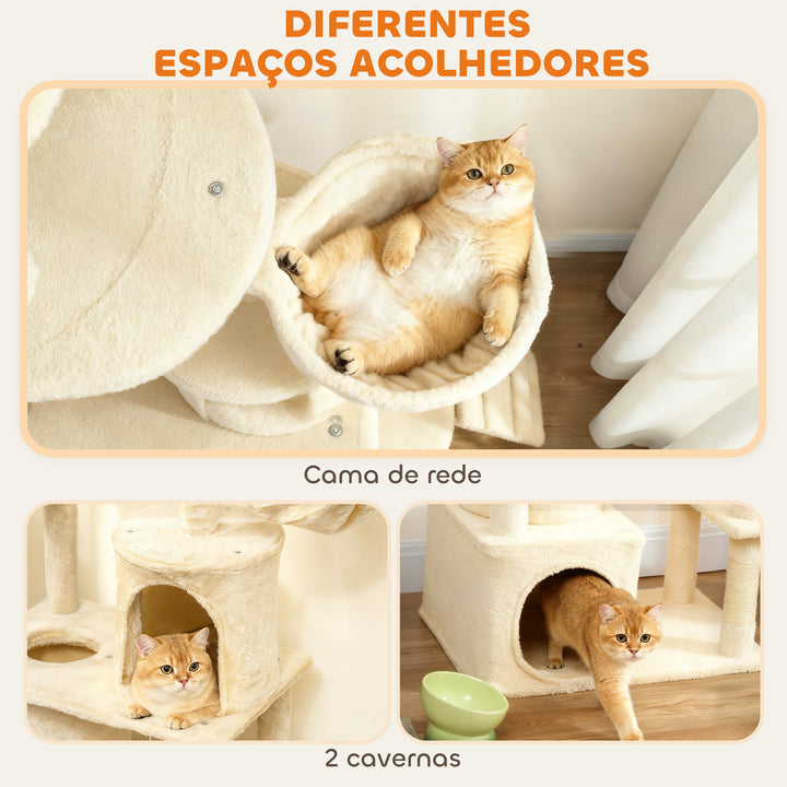 Arranhador para Gatos Grande Altura 170 cm Torre de Escalada com 7 Postes 1 Túnel 3 Plataformas 2 Cavernas 1 Rede 1 Poleiro 1 Rampa Pompons Bege