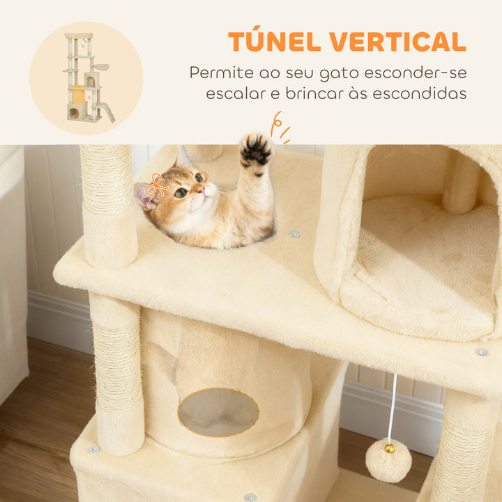 Arranhador para Gatos Grande Altura 170 cm Torre de Escalada com 7 Postes 1 Túnel 3 Plataformas 2 Cavernas 1 Rede 1 Poleiro 1 Rampa Pompons Bege