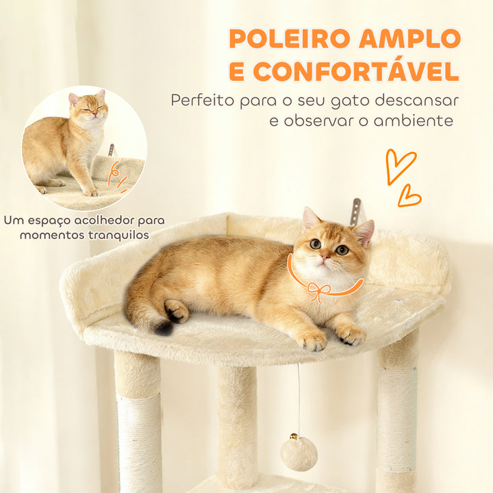 Arranhador para Gatos Grande Altura 170 cm Torre de Escalada com 7 Postes 1 Túnel 3 Plataformas 2 Cavernas 1 Rede 1 Poleiro 1 Rampa Pompons Bege