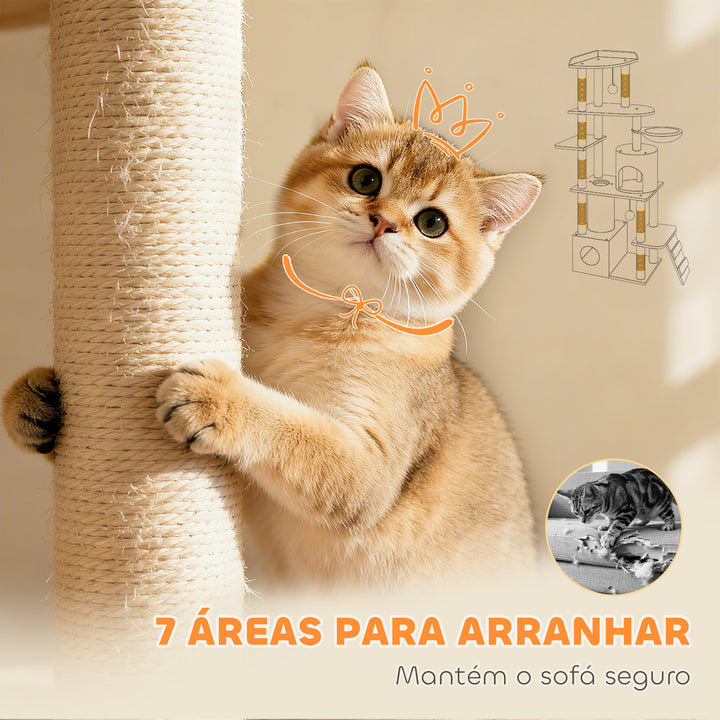 Arranhador para Gatos Grande Altura 170 cm Torre de Escalada com 7 Postes 1 Túnel 3 Plataformas 2 Cavernas 1 Rede 1 Poleiro 1 Rampa Pompons Bege