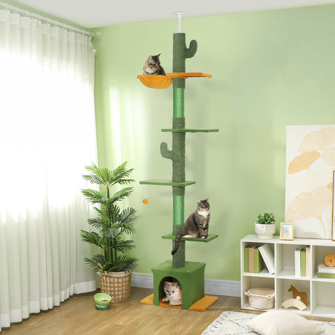 Arranhador para Gatos de Chão a Teto de 230-275 cm Torre para Gatos com Altura Ajustável Plataformas Caverna Rede Postes de Sisal e Bola de Jogo Verde