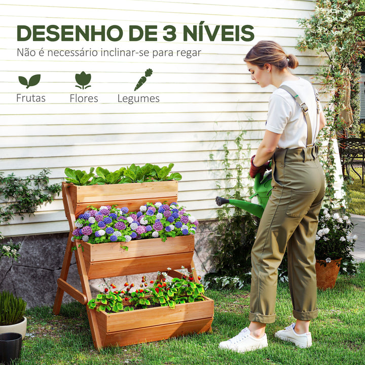 Floreira de Madeira de 3 Níveis Floreira Elevada de Exterior com Orifícios de Drenagem Ideal para Plantas e Flores Terraço ou Jardim 65x75x76 cm Castanho