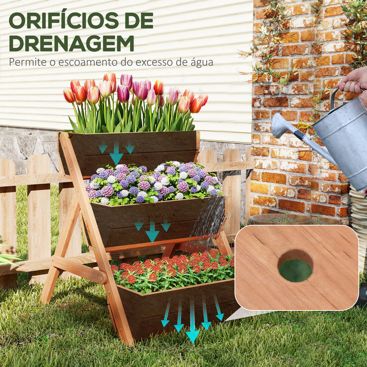 Floreira de Madeira de 3 Níveis Floreira Elevada de Exterior com Orifícios de Drenagem Ideal para Plantas e Flores Terraço ou Jardim 65x75x76 cm Castanho