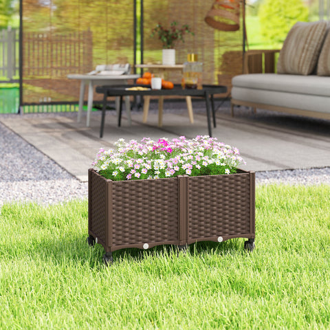 Floreira Elevada com 6 Rodas Floreira Móvel em Plástico com Autorrega e Drenagem Floreira para Cultivo Plantas Jardim Terraço 80x40x43 cm Castanho