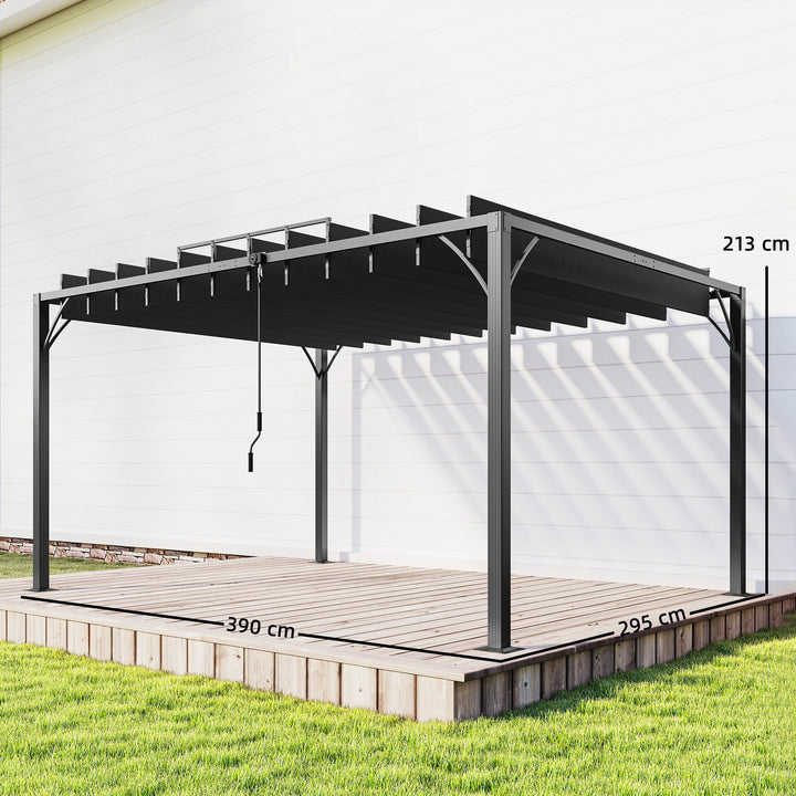 Pérgola 390x295x213 cm para Jardim com Desenho de Lâminas Superiores Giratórias até 135° Proteção UV 50+ e Estrutura de Aço para Pátio Terraço Varanda Cinza