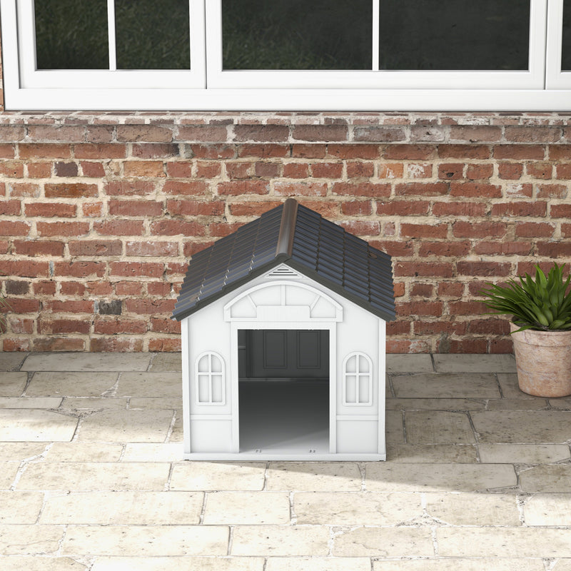 Casa para Cães 65x75,7x63 cm Casa para Cães com Janelas e Teto com Telhas de Imitação para Cães Médios Cinza e Branco