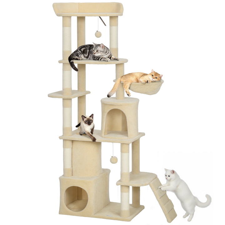 Arranhador para Gatos Grande Altura 170 cm Torre de Escalada com 7 Postes 1 Túnel 3 Plataformas 2 Cavernas 1 Rede 1 Poleiro 1 Rampa Pompons Bege