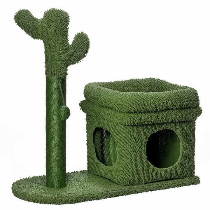 Árvore Arranhador para Gatos Desenho de Cacto Altura 83cm Torre para Gatos com Cama Casa de Pelúcia Poste de Sisal e Bola Suspensa 68x30x67cm Verde