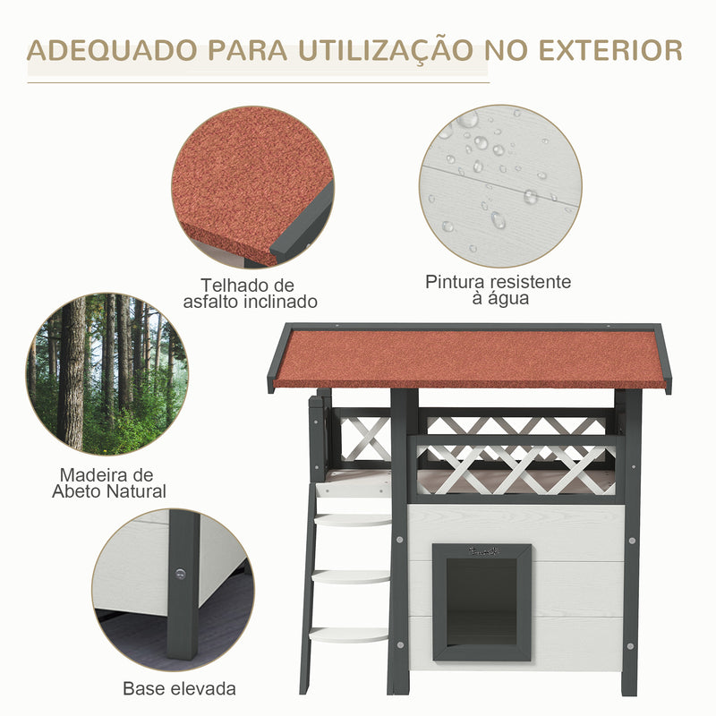 Casa para Gatos de Madeira 77x50x73cm Casa para Gatos com 2 Níveis com Teto Asfáltico Terraço Cercado Caverna e Escada para Interior e Exterior Branco