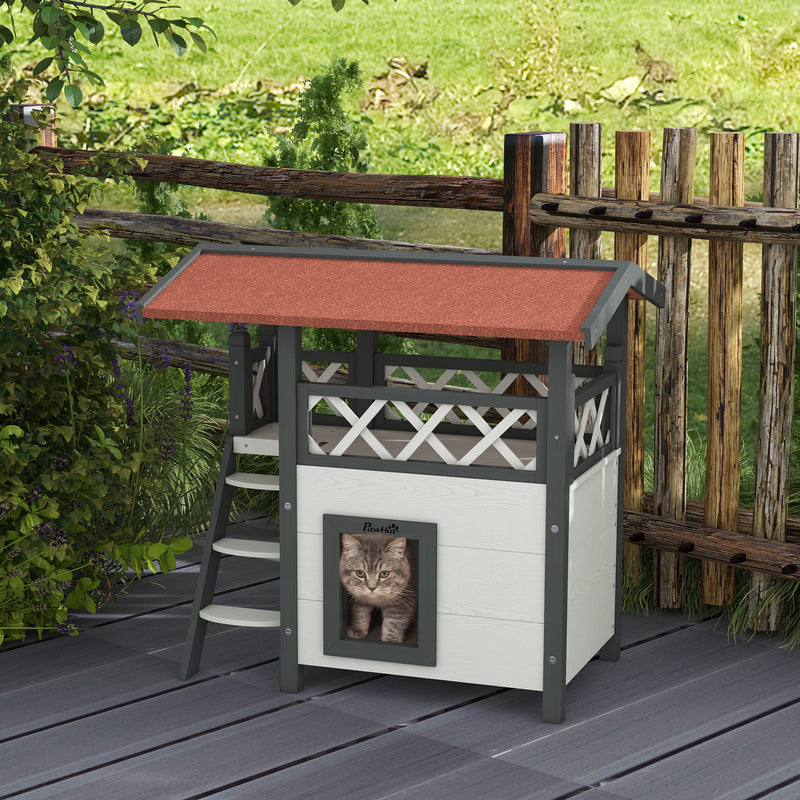 Casa para Gatos de Madeira 77x50x73cm Casa para Gatos com 2 Níveis com Teto Asfáltico Terraço Cercado Caverna e Escada para Interior e Exterior Branco