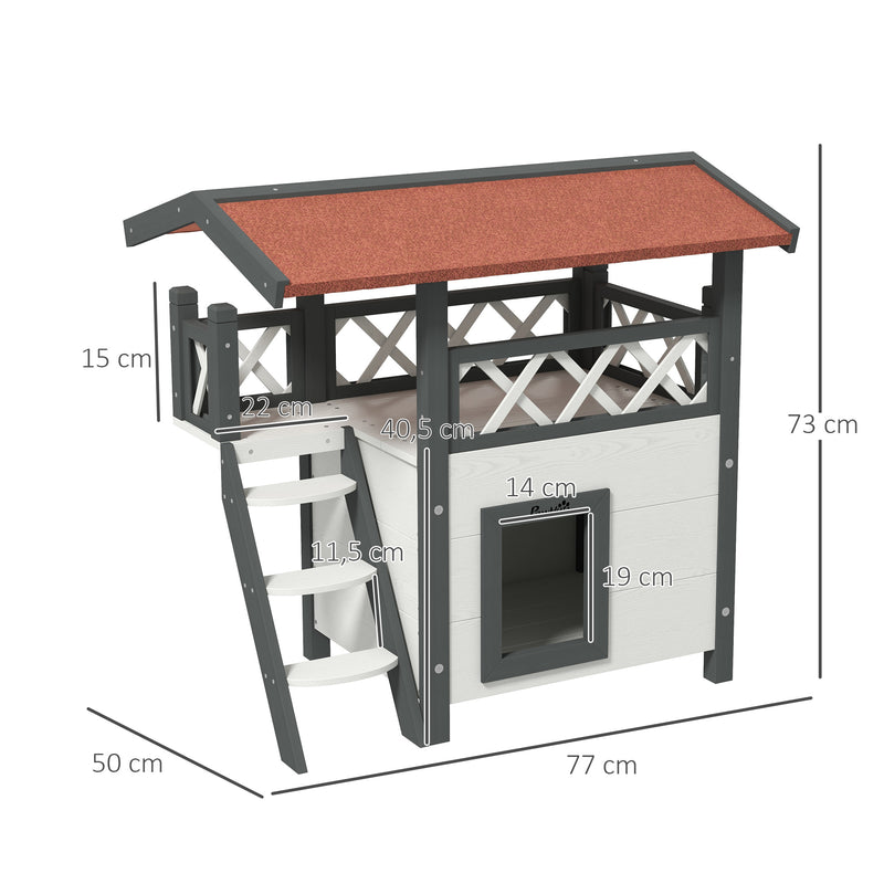 Casa para Gatos de Madeira 77x50x73cm Casa para Gatos com 2 Níveis com Teto Asfáltico Terraço Cercado Caverna e Escada para Interior e Exterior Branco