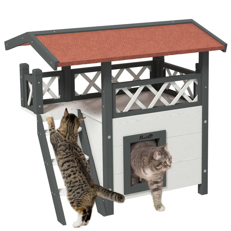 Casa para Gatos de Madeira 77x50x73cm Casa para Gatos com 2 Níveis com Teto Asfáltico Terraço Cercado Caverna e Escada para Interior e Exterior Branco