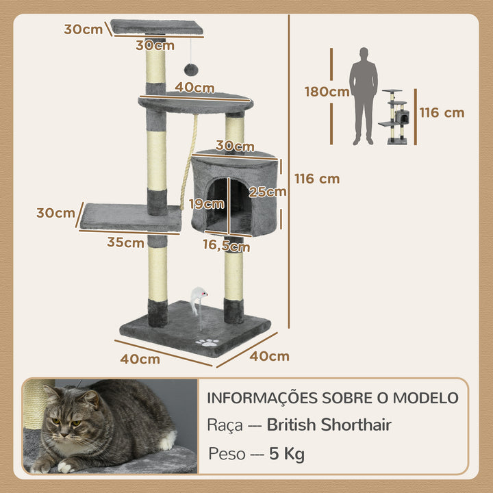 Arranhador para Gatos com Arranhador de 116 cm e 4 Níveis com Poste para Afiar as Garras Caverna Espaçosa Plataformas e Brinquedos Divertidos 40x40x116 cm Cinzento Escuro