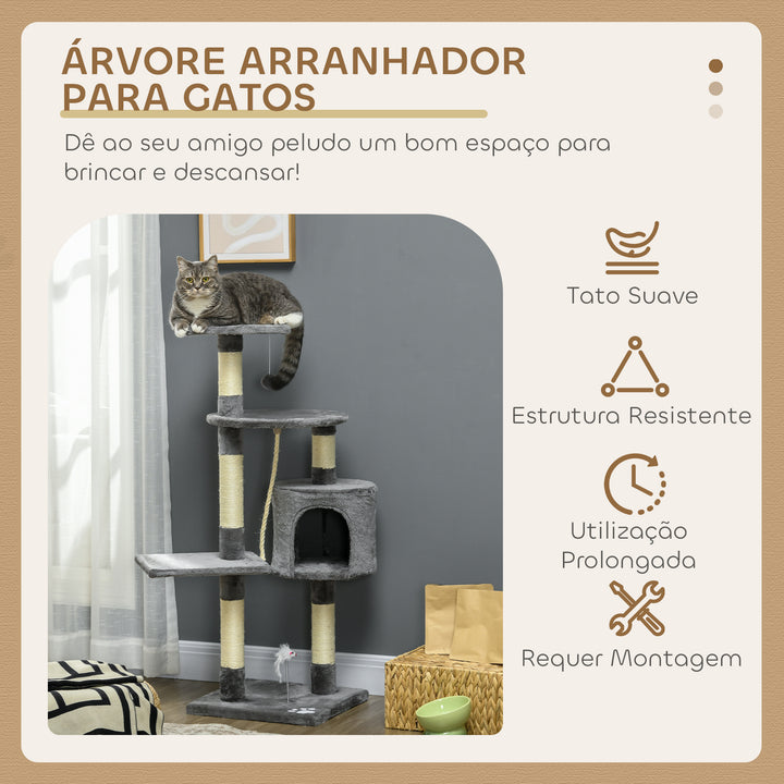 Arranhador para Gatos com Arranhador de 116 cm e 4 Níveis com Poste para Afiar as Garras Caverna Espaçosa Plataformas e Brinquedos Divertidos 40x40x116 cm Cinzento Escuro