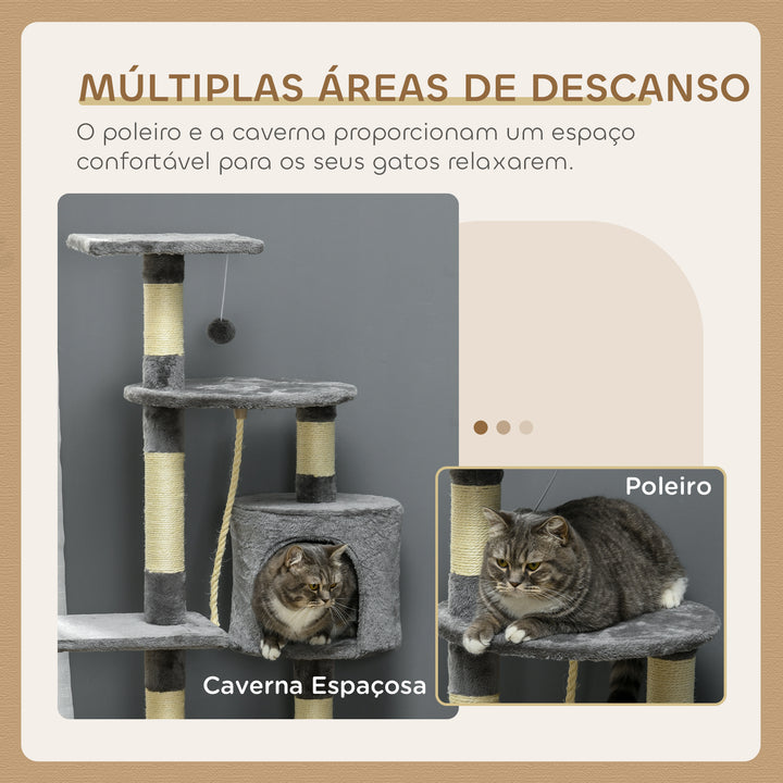 Arranhador para Gatos com Arranhador de 116 cm e 4 Níveis com Poste para Afiar as Garras Caverna Espaçosa Plataformas e Brinquedos Divertidos 40x40x116 cm Cinzento Escuro