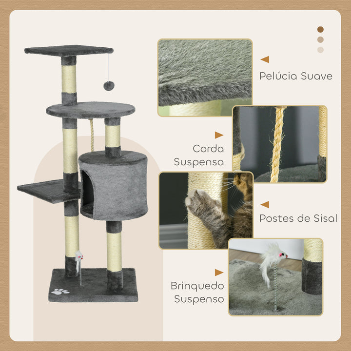 Arranhador para Gatos com Arranhador de 116 cm e 4 Níveis com Poste para Afiar as Garras Caverna Espaçosa Plataformas e Brinquedos Divertidos 40x40x116 cm Cinzento Escuro