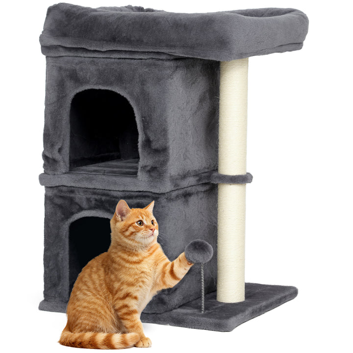 Arranhador para Gatos 66 cm Torre para Gatos com Cama 2 Cavernas Poste de Sisal e Bola para Brincar Cinzento Escuro
