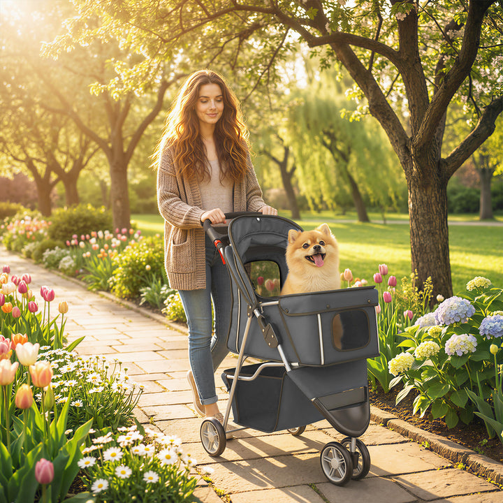 Carrinho para Cães Dobrável Carrinho para Cães Pequenos com Cesto de Arrumação Janelas em Rede Porta-Copos e Rodas Suporta 10 kg 77x44x102 cm Cinzento Escuro