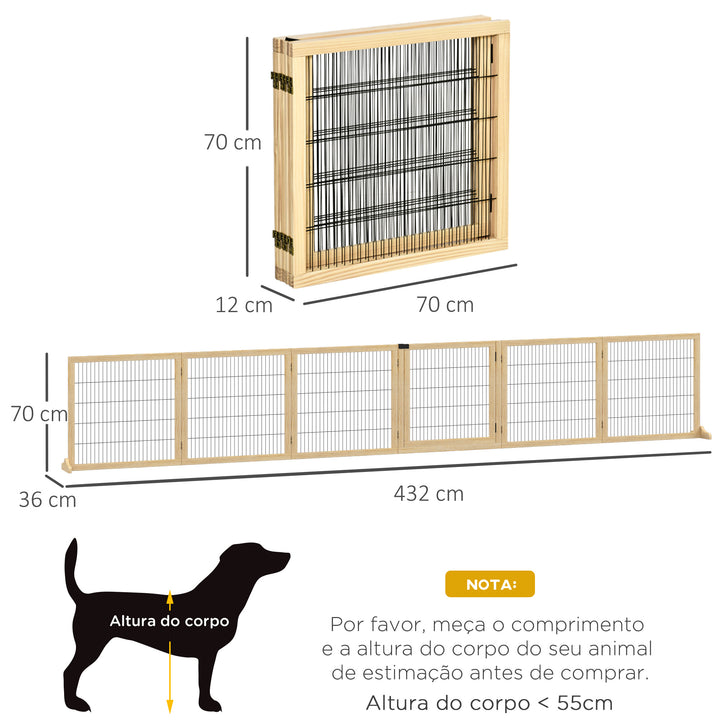 Barreira de Segurança para Cães de Madeira Dobrável para Escadas e Portas Grade para Cães Pequenos e Médios com 6 Painéis com Suporte de Pé para Interiores 432x36x70 cm Madeira