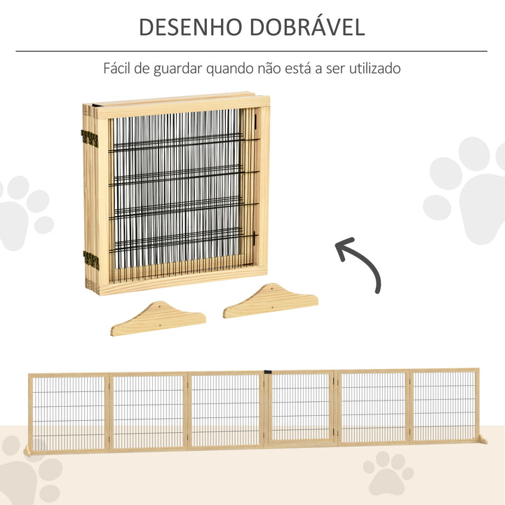 Barreira de Segurança para Cães de Madeira Dobrável para Escadas e Portas Grade para Cães Pequenos e Médios com 6 Painéis com Suporte de Pé para Interiores 432x36x70 cm Madeira