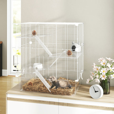 Gaiola para Pequenos Animais de 4 Níveis com Bandeja Inferior Gaiola para Roedores com Rampas Comedouro e Bebedouro Recinto para Chinchilas 73x47x80 cm Branco