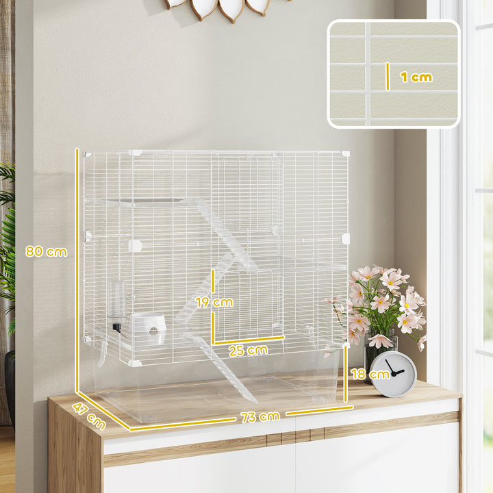 Gaiola para Pequenos Animais de 4 Níveis com Bandeja Inferior Gaiola para Roedores com Rampas Comedouro e Bebedouro Recinto para Chinchilas 73x47x80 cm Branco