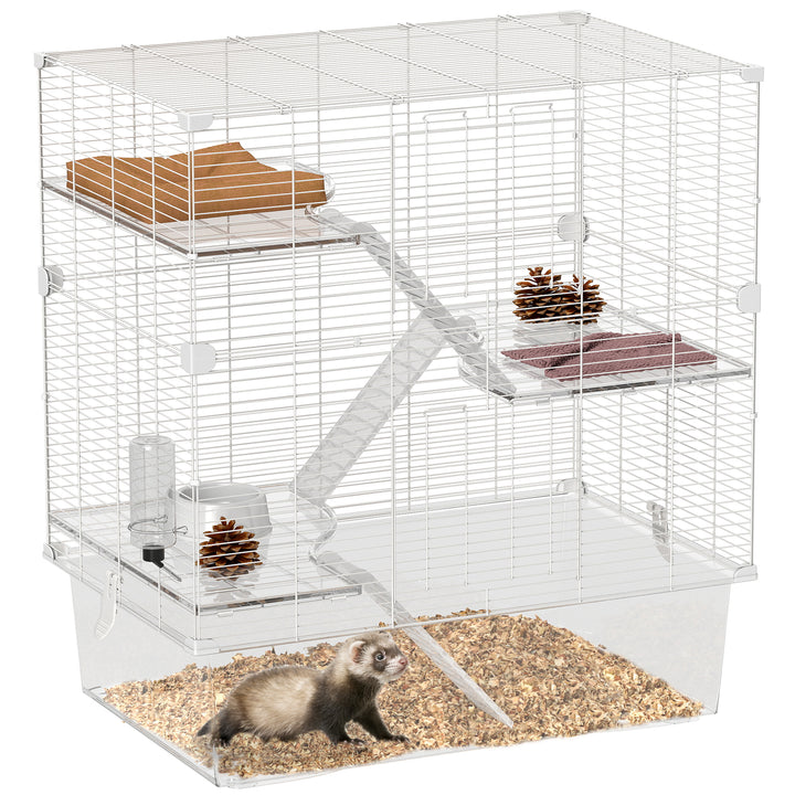 Gaiola para Pequenos Animais de 4 Níveis com Bandeja Inferior Gaiola para Roedores com Rampas Comedouro e Bebedouro Recinto para Chinchilas 73x47x80 cm Branco