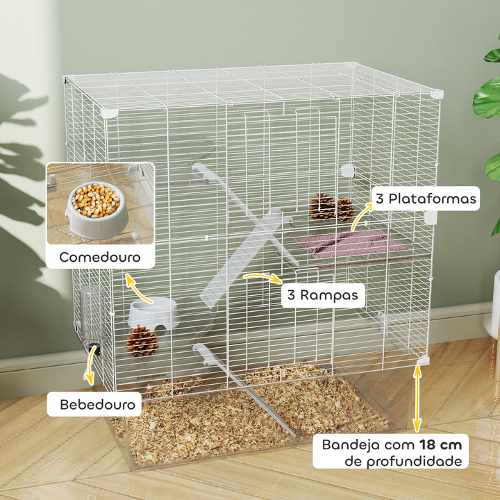 Gaiola para Pequenos Animais de 4 Níveis com Bandeja Inferior Gaiola para Roedores com Rampas Comedouro e Bebedouro Recinto para Chinchilas 73x47x80 cm Branco