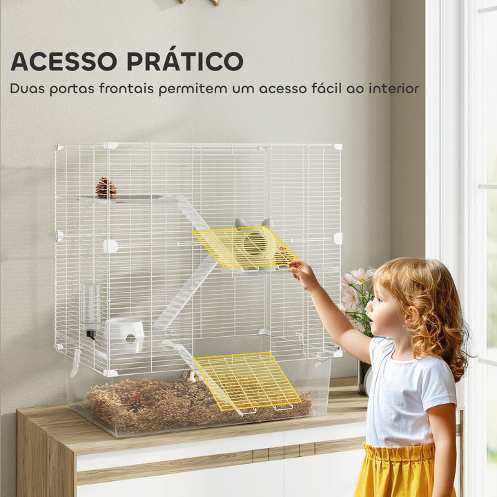 Gaiola para Pequenos Animais de 4 Níveis com Bandeja Inferior Gaiola para Roedores com Rampas Comedouro e Bebedouro Recinto para Chinchilas 73x47x80 cm Branco