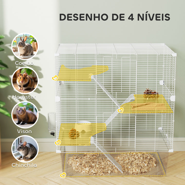 Gaiola para Pequenos Animais de 4 Níveis com Bandeja Inferior Gaiola para Roedores com Rampas Comedouro e Bebedouro Recinto para Chinchilas 73x47x80 cm Branco