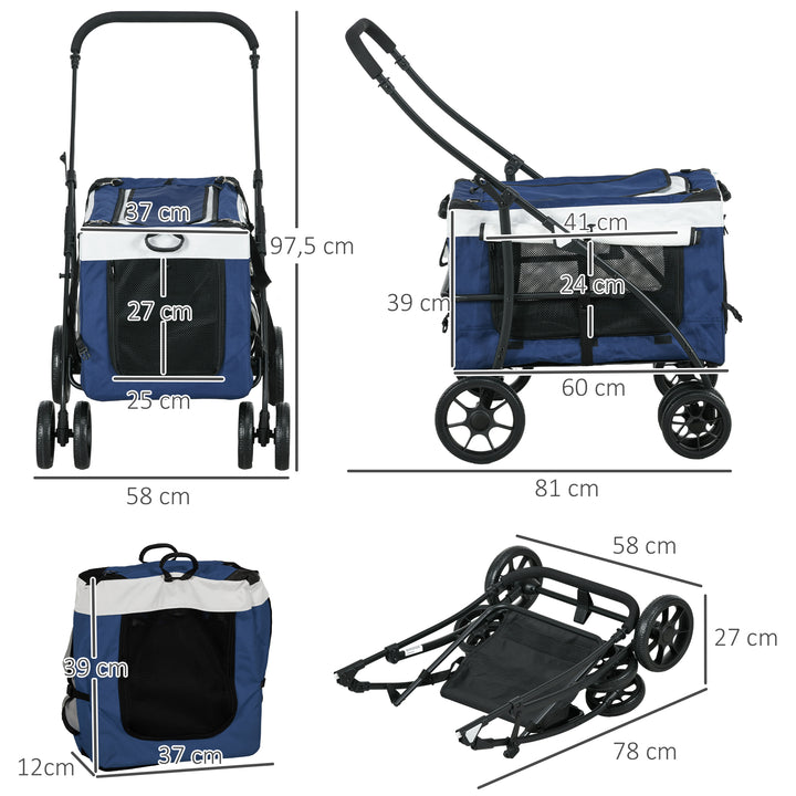 Carrinho para Animais de Estimação Carrinho para Cães Dobrável com Compartimento Desmontável 4 Portas com Fecho de Correr 2 Correias de Segurança e de Transporte 81x58x97,5 cm Azul