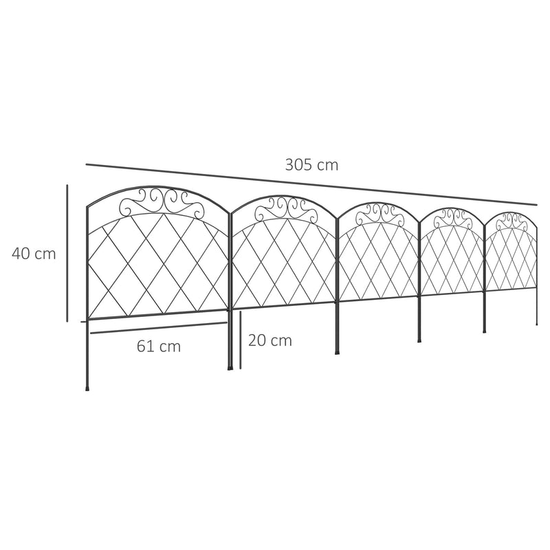 Cercas de Jardim 305x61 cm Conjunto de 5 Cercas Decorativas para Jardim de Metal Combinação Livre em Forma de Arco Barreira para Animais para Terraço Pátio Relva Preto