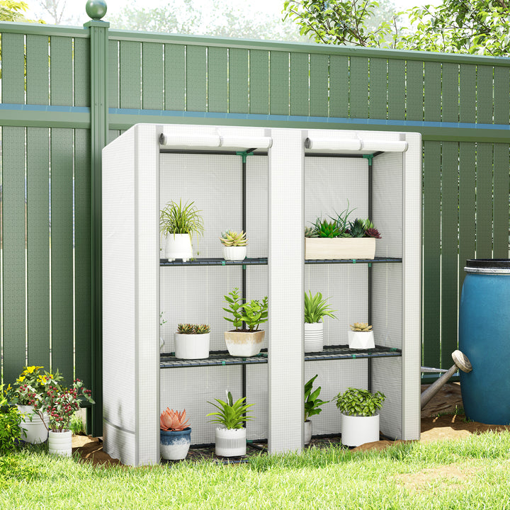 Estufa de Exterior com Teto Inclinado Estufa Pequena com 3 Prateleiras 2 Portas de Enrolar Capa de PE e Estrutura de Aço para Cultivos Plantas Flores 144x48x152 cm Branco