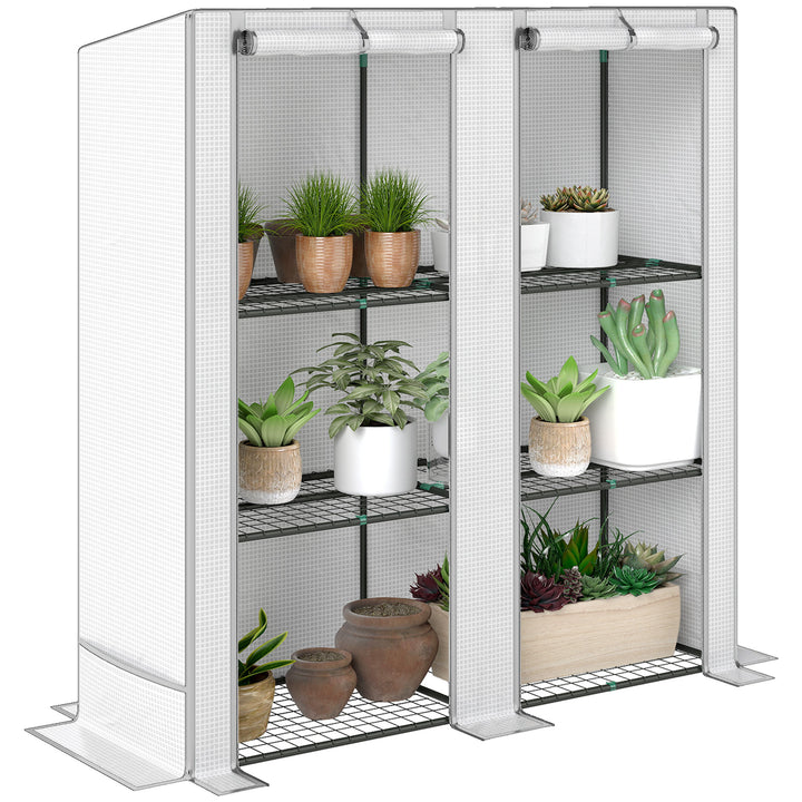Estufa de Exterior com Teto Inclinado Estufa Pequena com 3 Prateleiras 2 Portas de Enrolar Capa de PE e Estrutura de Aço para Cultivos Plantas Flores 144x48x152 cm Branco