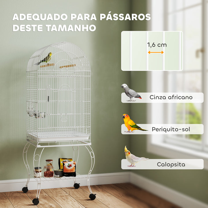 Gaiola para Pássaros com Rodas e Estante 51x51x153 cm Gaiola Grande com Parte Superior Rebatível 2 Comedouros 2 Poleiros 4 Portas e Bandeja Removível para Papagaios e Canários Branco
