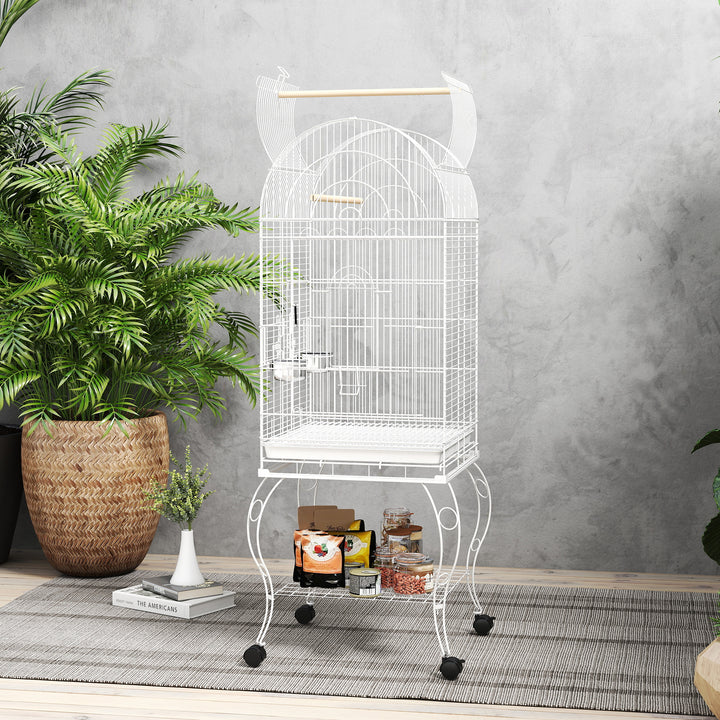 Gaiola para Pássaros com Rodas e Estante 51x51x153 cm Gaiola Grande com Parte Superior Rebatível 2 Comedouros 2 Poleiros 4 Portas e Bandeja Removível para Papagaios e Canários Branco