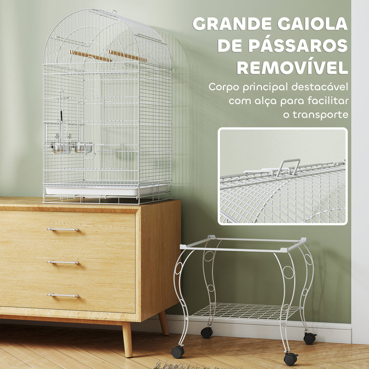 Gaiola para Pássaros com Rodas e Estante 51x51x153 cm Gaiola Grande com Parte Superior Rebatível 2 Comedouros 2 Poleiros 4 Portas e Bandeja Removível para Papagaios e Canários Branco