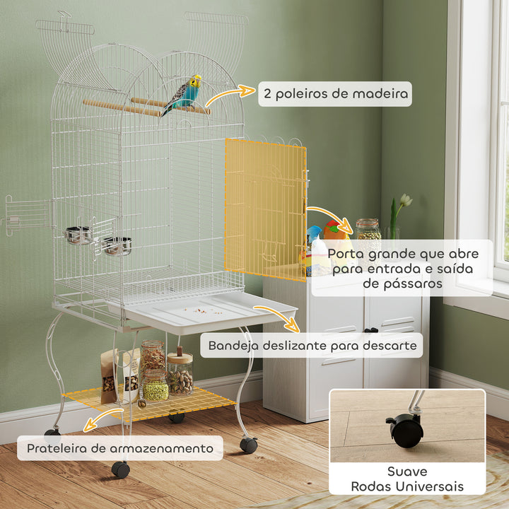 Gaiola para Pássaros com Rodas e Estante 51x51x153 cm Gaiola Grande com Parte Superior Rebatível 2 Comedouros 2 Poleiros 4 Portas e Bandeja Removível para Papagaios e Canários Branco