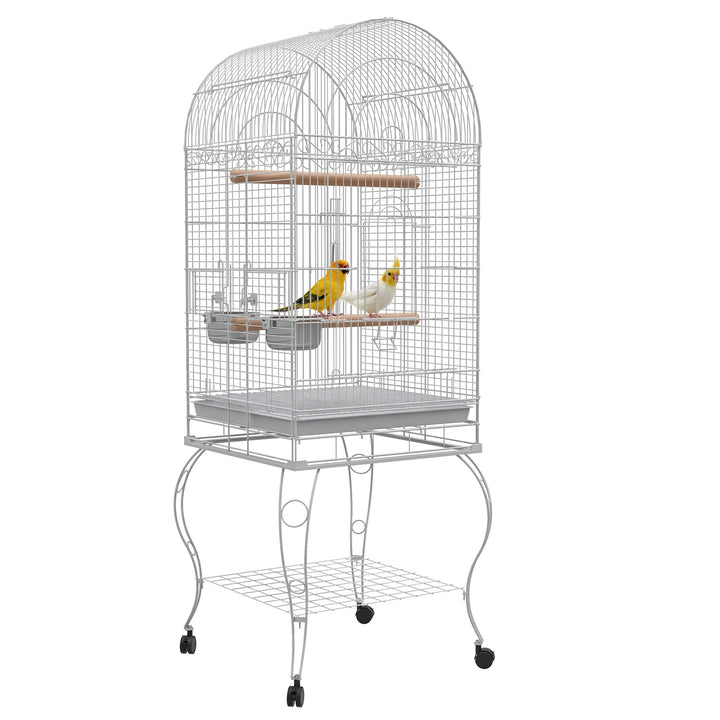 Gaiola para Pássaros com Rodas Gaiola para Pássaros com Bandeja Amovível Prateleira e 2 Comedouros de Aço Inoxidável e Poleiro para Periquitos Canários 51x51x153 cm Branco